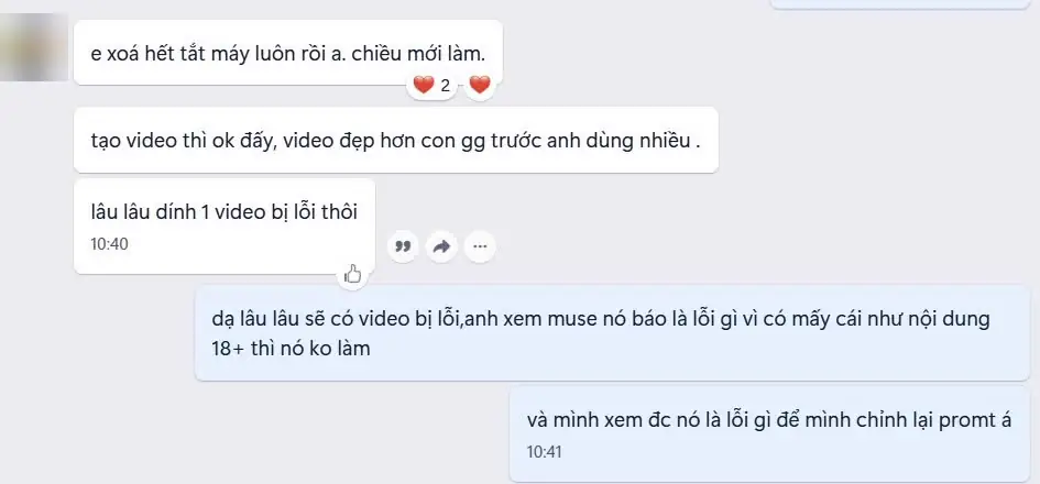 Tin nhắn khách: tạo video thì ok đấy, video đẹp hơn con gg trước anh dùng nhiều.